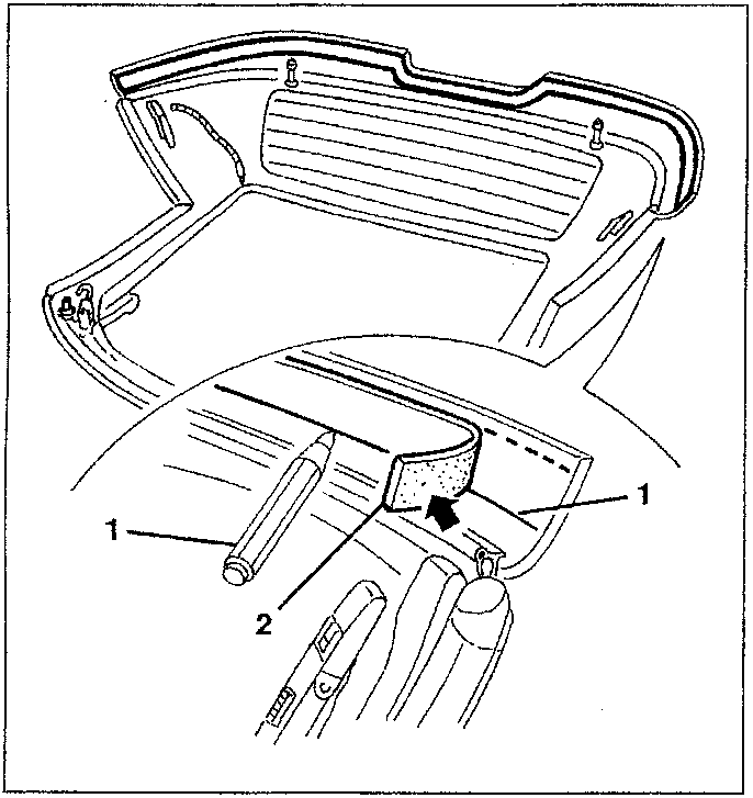 Diagram showing the door window housing seal (1) being removed with tool (2).