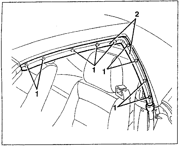 Illustrates roof rail mounting points and attachment hardware