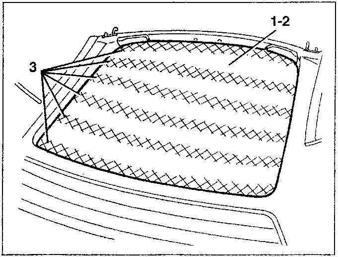 Diagram showing application of adhesive bands and placement of new roof lining.
