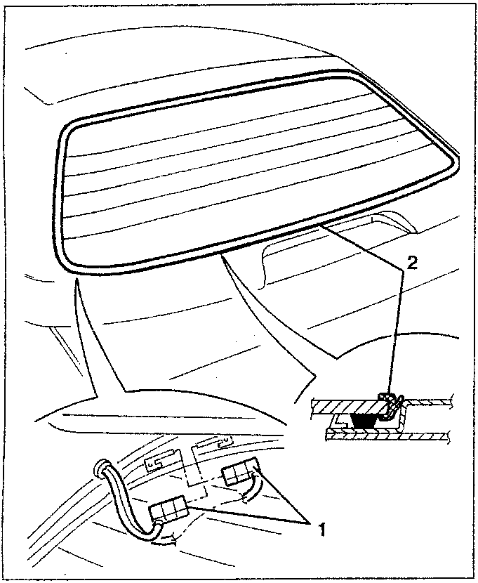 Diagram showing the rear screen assembly with parts labeled 1 and 2.