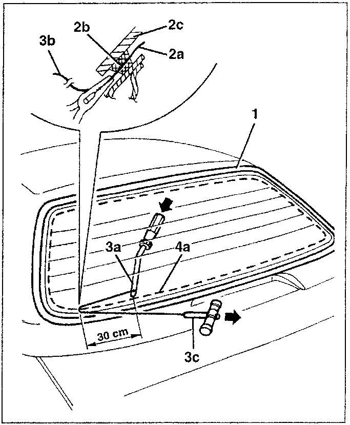 Diagram showing the rearscreen with suction pads and tools for cutting sealant, labeled 1, 2a, 2b, 2c, 3a, 3b, 3c, 4a.