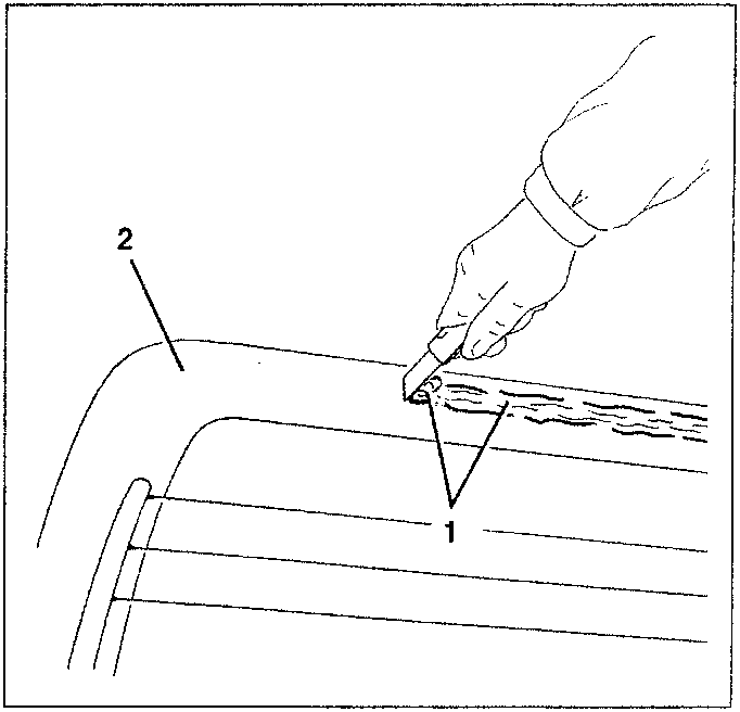 Diagram showing hand peeling off adhesive tape from rearscreen housing with labeled parts 1 and 2