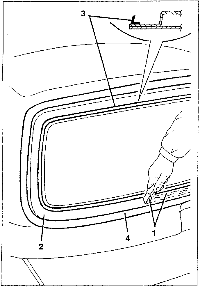 Diagram showing hand applying sealant to rearscreen housing with labeled parts 1, 2, 3, and 4