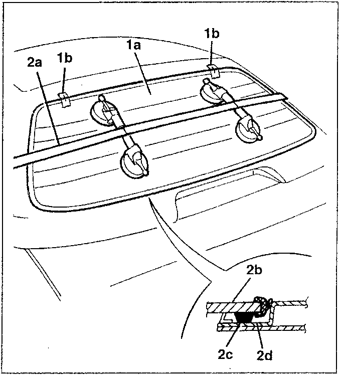 Diagram showing rearscreen with adhesive tape strips (1b) and mounting points (2a, 2b, 2c, 2d)