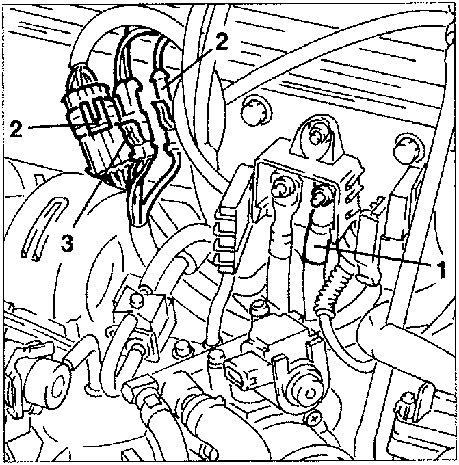 Diagram showing electrical connections near engine components, labeled 1, 2, and 3