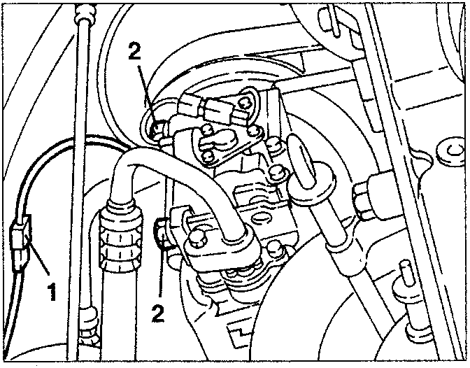 Diagram showing electrical connections near radiator crossmember, labeled 1 and 2