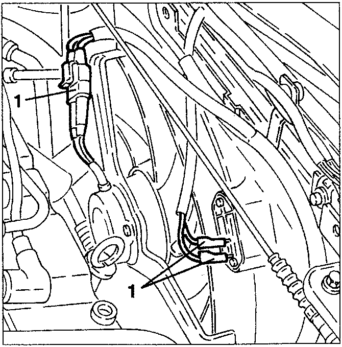 Diagram showing electrical connections near cooling fan, labeled 1