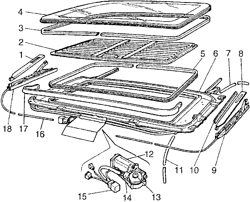 Sunroof structure diagram with numbered parts