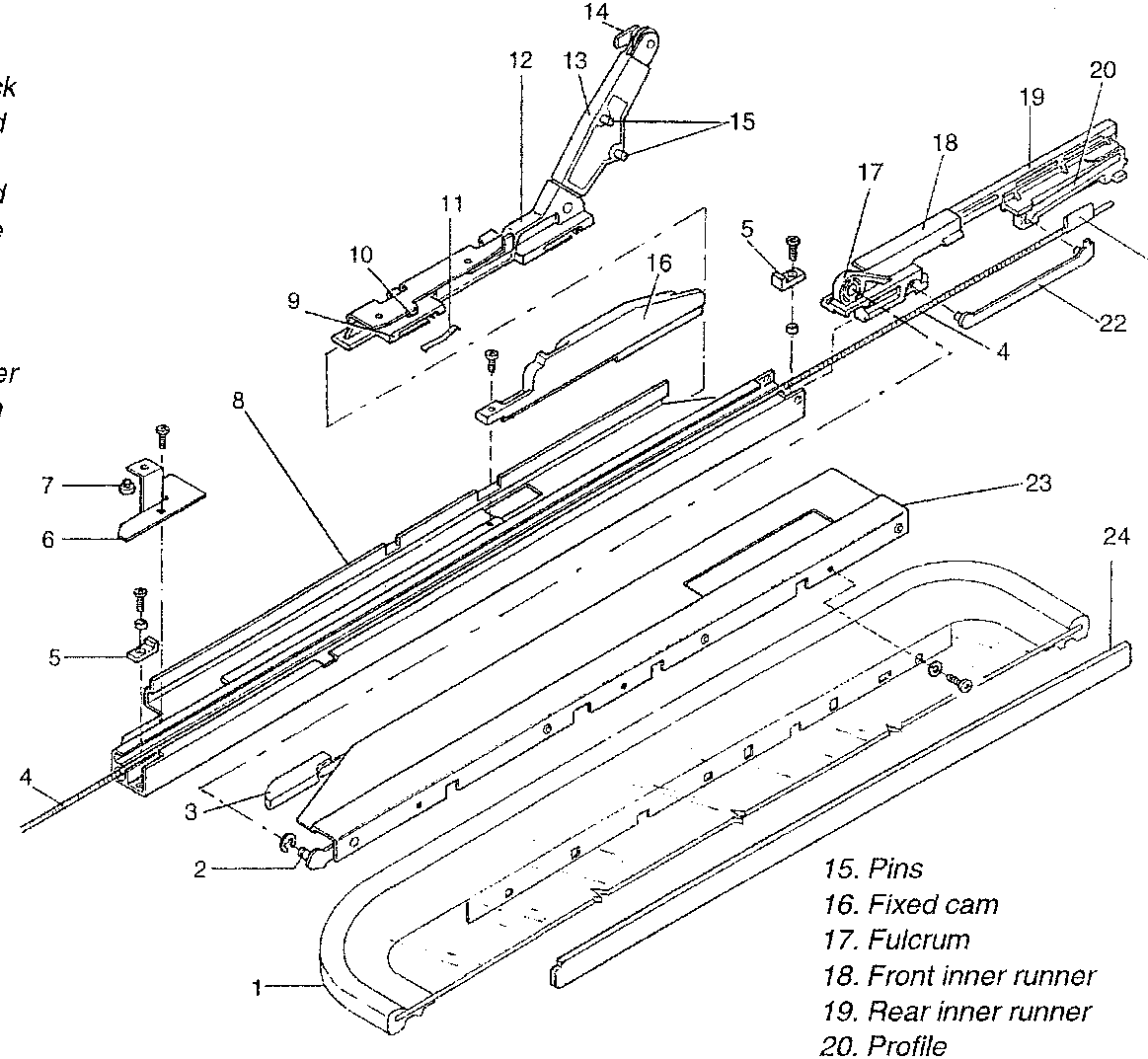 Opening/closing mechanism diagram showing parts 1 to 24 labeled