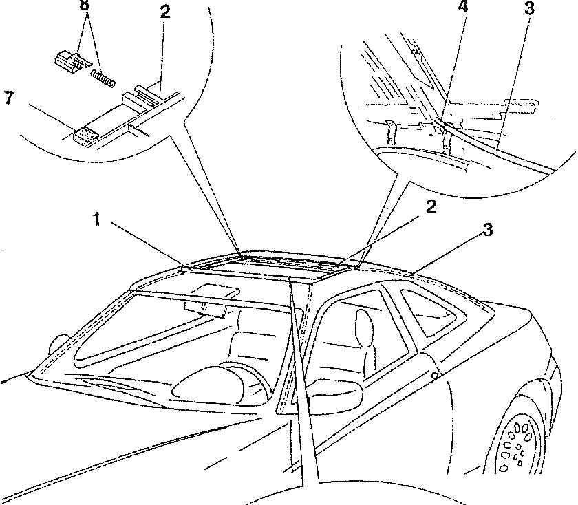 Deflector, sliding blind, draining diagram showing components 1-8 with deflector lowered and raised positions.