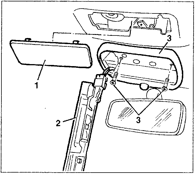 Diagram showing removal of a rearview mirror assembly with labeled parts 1, 2, and 3.