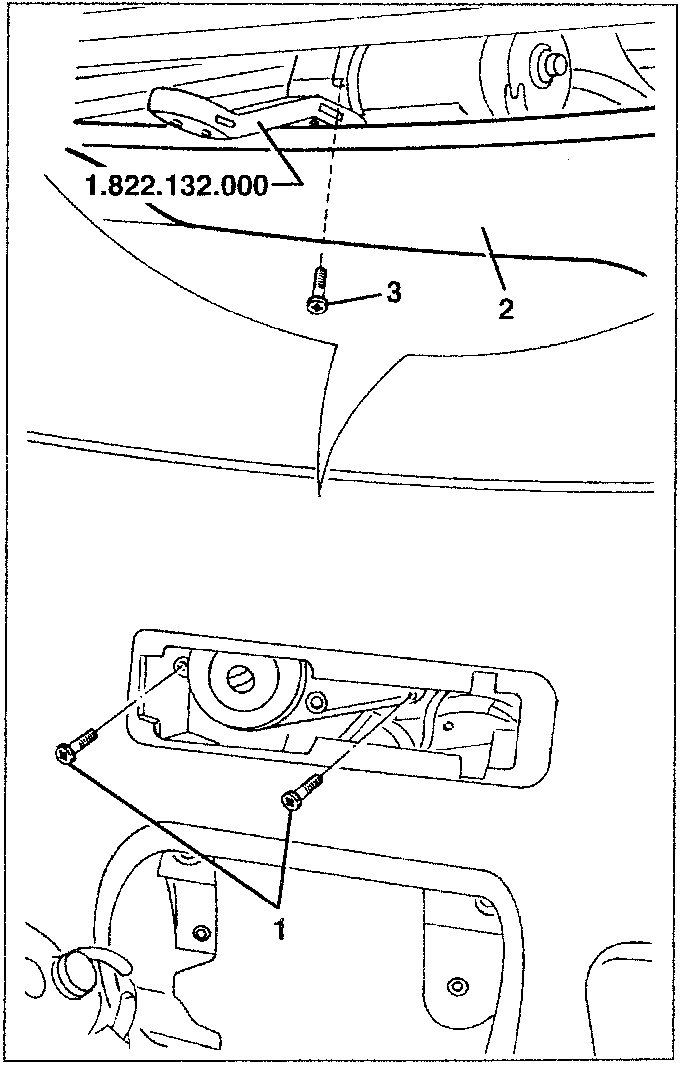 Diagram showing a key tool labeled 1.822.132.000 being used to slacken a screw on the roof lining assembly, with parts 2 and 3 indicated.