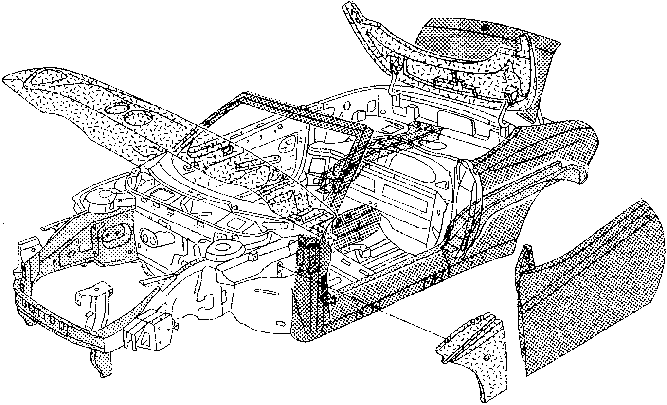 Bodywork diagram showing car chassis with hood, doors, and trunk open, indicating sheet metal and plastic parts with shading patterns.