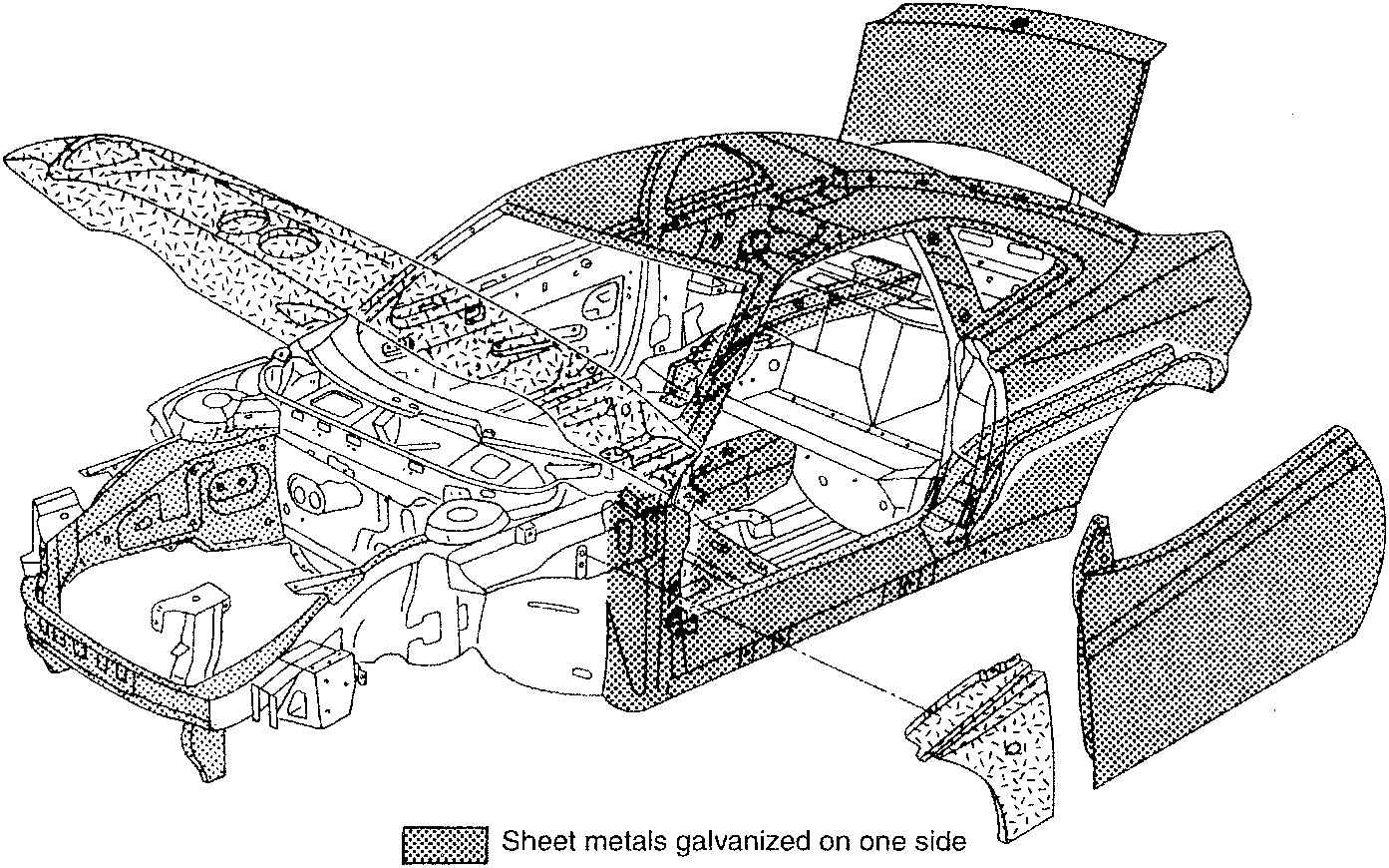 Bodywork diagram showing car chassis with hood, doors, and trunk open, indicating sheet metal and plastic parts with shading patterns.