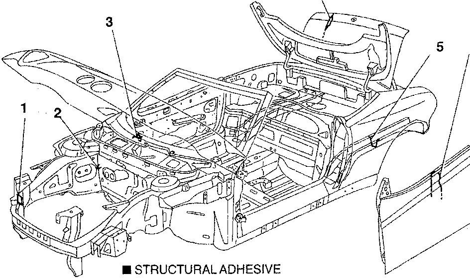 Diagram showing application areas for structural and semistructural adhesives on a car body.