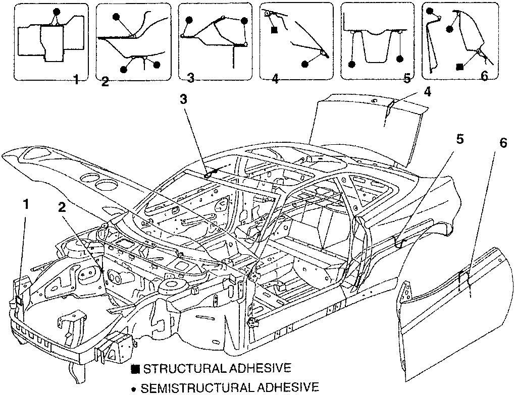 Detailed diagrams illustrating adhesive application methods for various joint types.