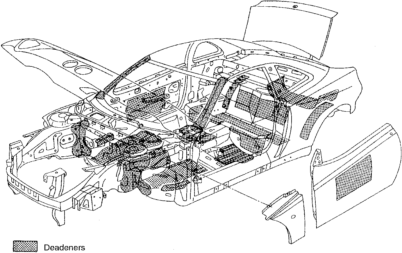 Car body with soundproofing materials shown as shaded areas.