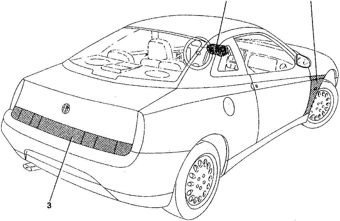 Line drawing of a car showing three numbered parts: 1 on front mudguard, 2 on instrument cluster, and 3 on tail light cluster.