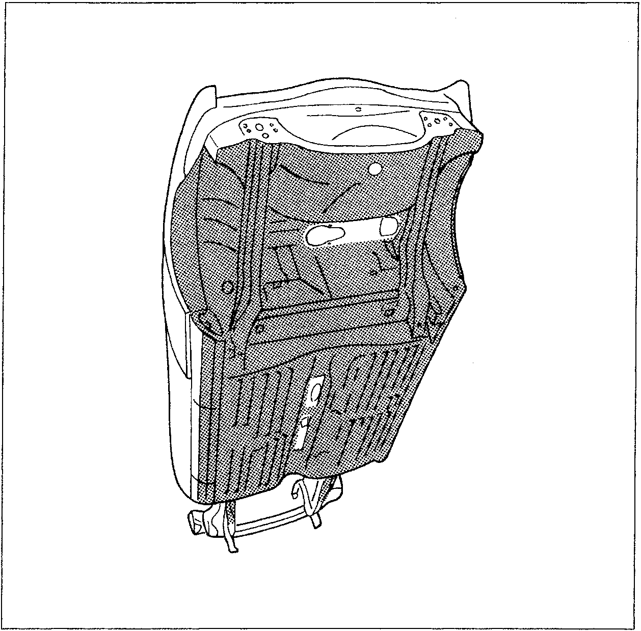 Diagram showing the application area of underbody protection (PVC) on a car's undercarriage. The shaded region indicates where PVC material is applied, covering parts such as the engine bay and transmission tunnel.