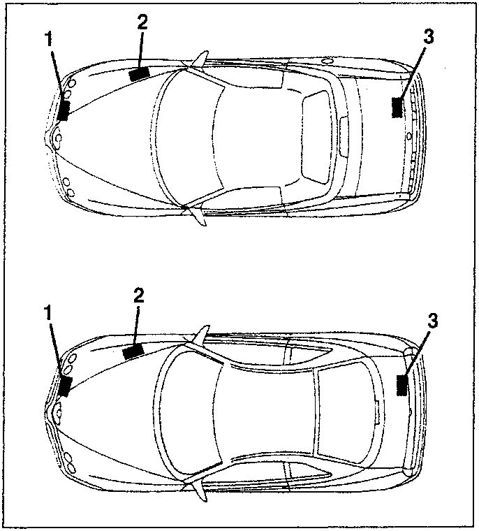 Top view of car showing three labeled points: 1. Identification data, 2. Body marking, 3. Bodywork paint label