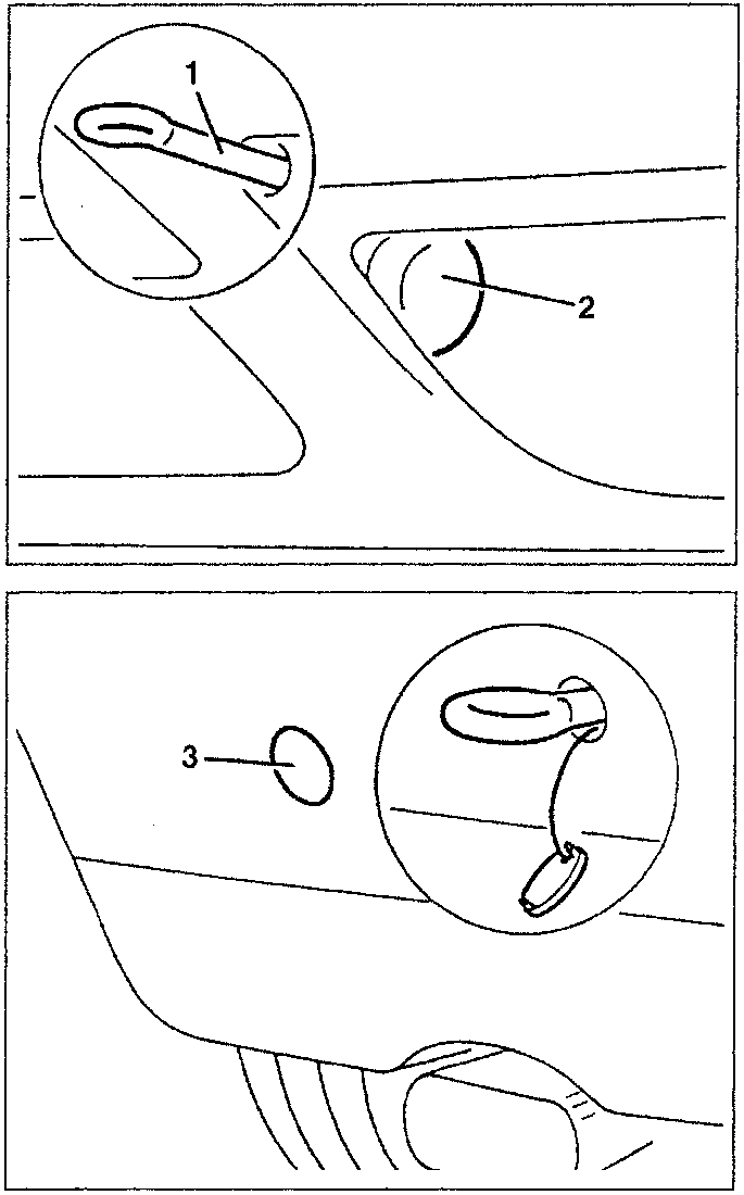 Close-up of tow hitch mechanism showing parts 1. Tow hitch, 2. Front bumper slot, 3. Rear bumper cover