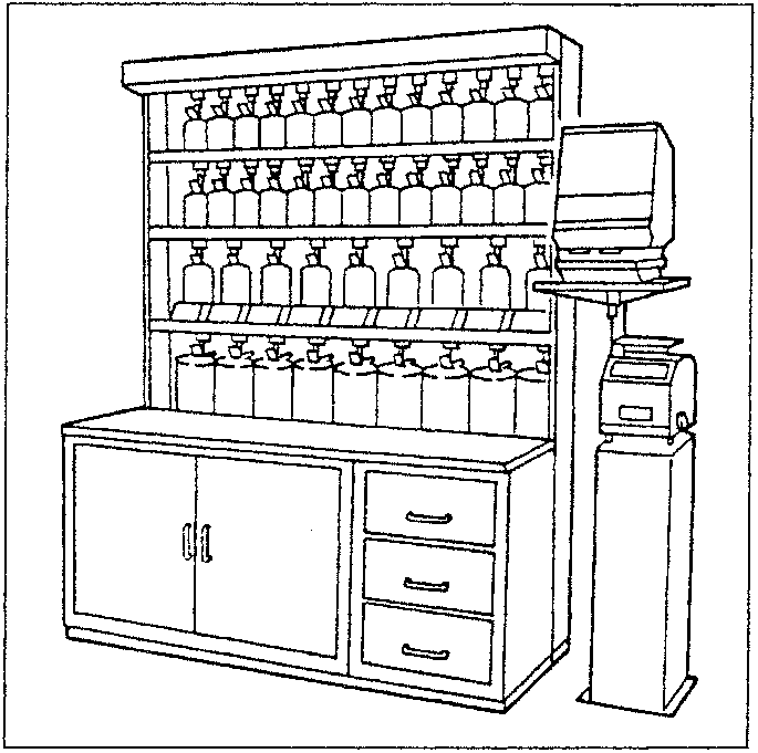 A paint storage cabinet with multiple shelves holding paint cans and a spray gun station on top.