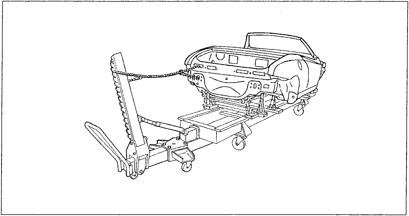 Diagram showing a car body being pulled using a pulling device with chains attached