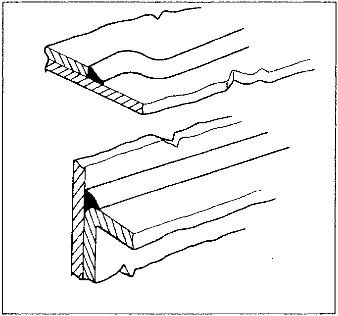 Diagram showing sealant applied in a joint between two metal sheets