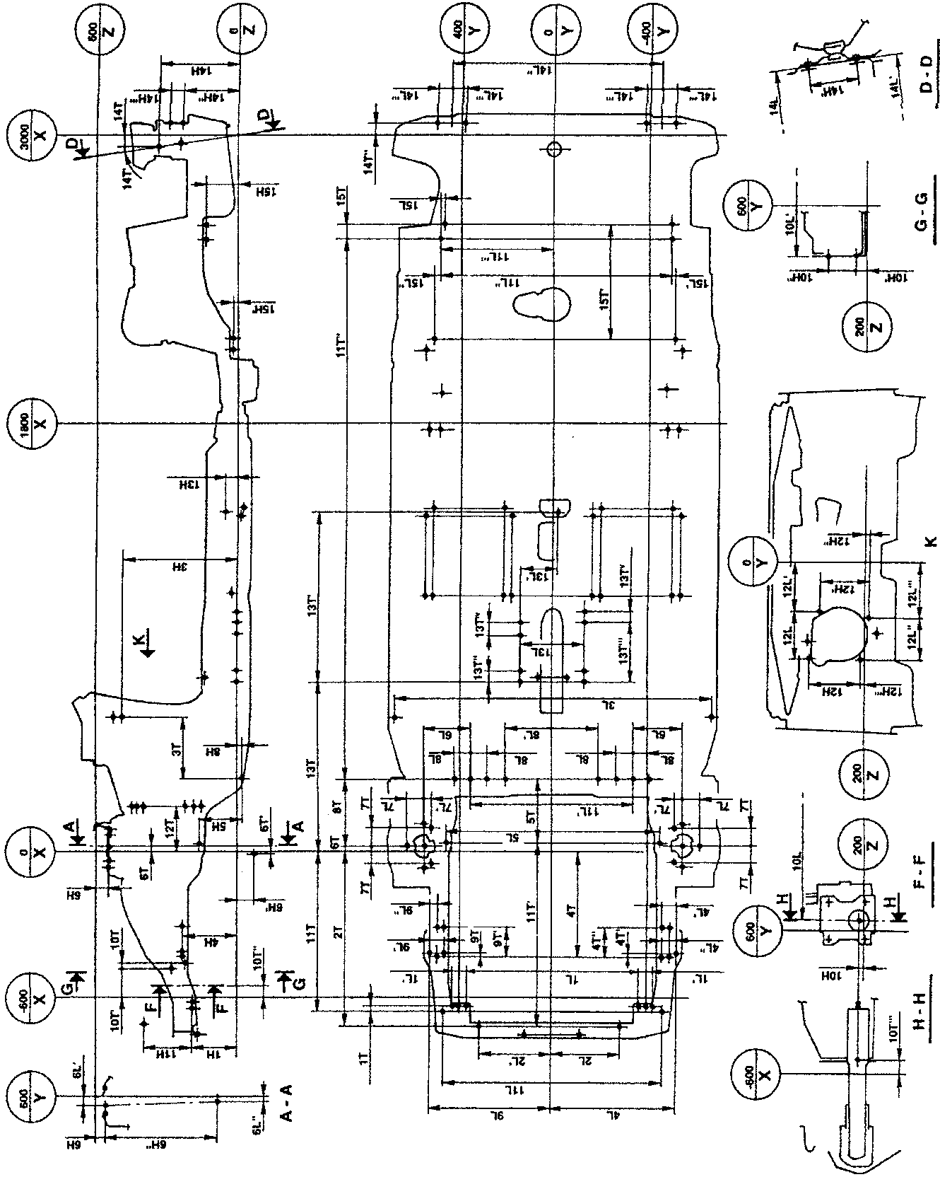 Bodywork diagram with multiple views and dimensions