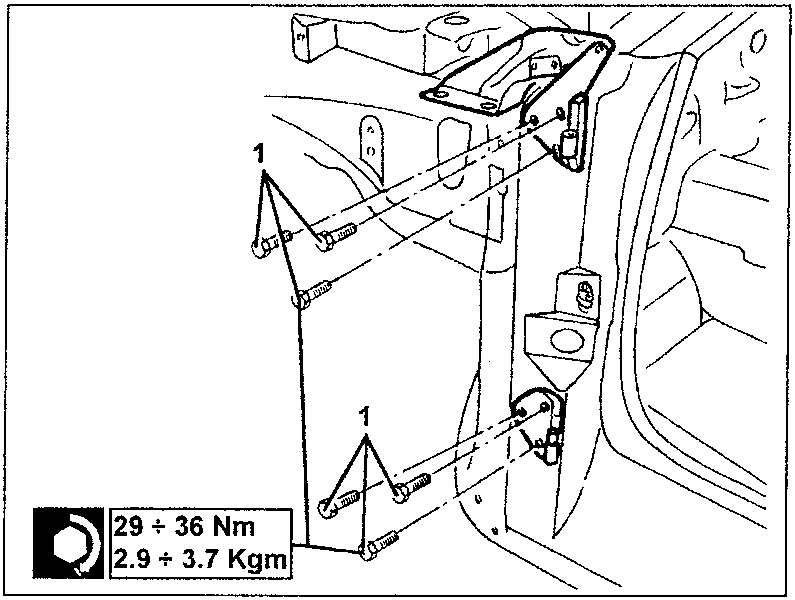 Diagram showing hinge removal with torque specification 29÷36 Nm / 2.9÷3.7 Kgm