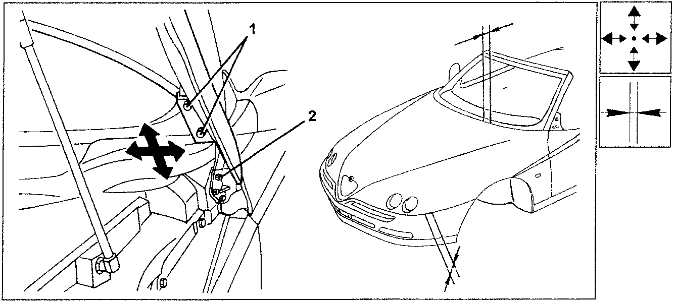 Diagram showing bonnet hinge area with arrows indicating adjustment directions and a side view of the car