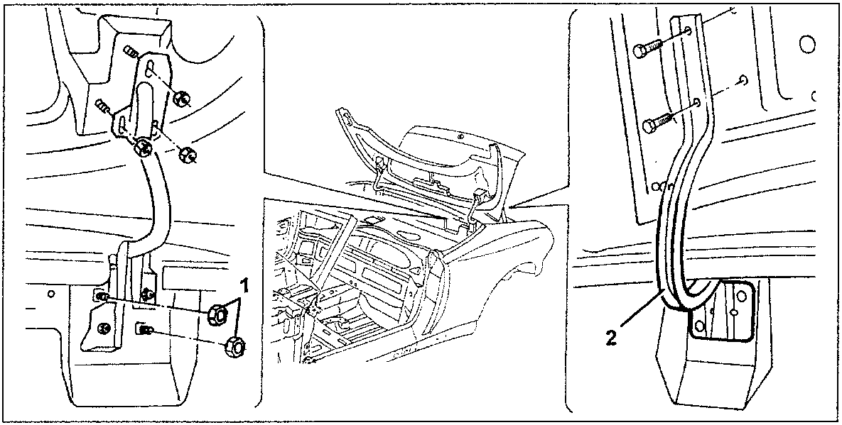 Illustration showing the removal of boot lid hinges from the hood compartment side and the boot lid hinge mechanism