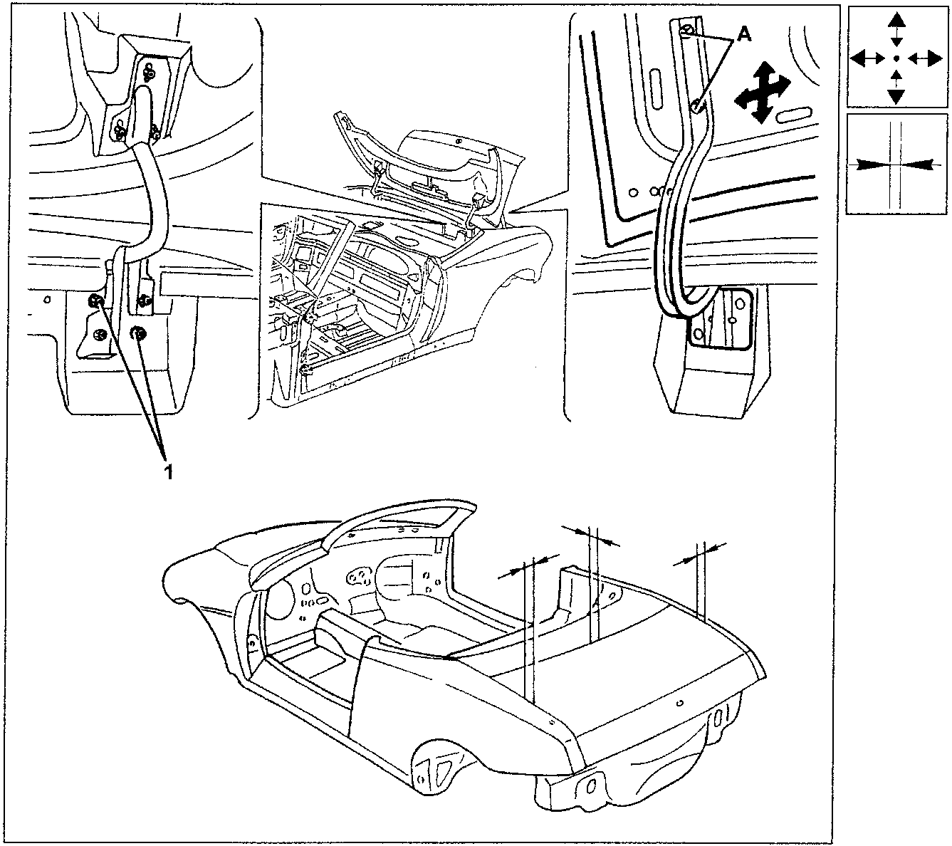 Illustration showing adjustment points for a car's boot lid, including side and longitudinal adjustments, with arrows indicating movement directions. The bottom view shows the car with adjustment rods at the rear.