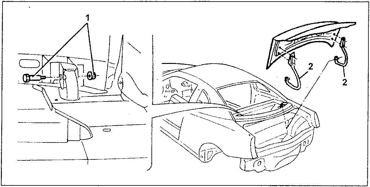 Diagram showing removal of boot lid hinges from passenger compartment side and detached boot lid with hinge pins.