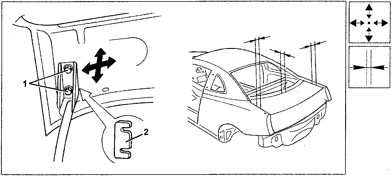 Diagram showing boot lid adjustment with arrows indicating longitudinal and transversal movement, and a side view of the car with support poles.
