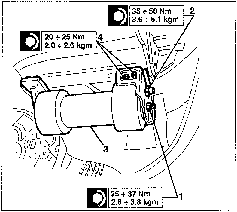 Diagram showing the damping mass with torque values: 35 ÷ 50 Nm (3.6 ÷ 5.1 kgm) for component 2, 20 ÷ 25 Nm (2.0 ÷ 2.6 kgm) for component 4, and 25 ÷ 37 Nm (2.6 ÷ 3.8 kgm) for component 1.