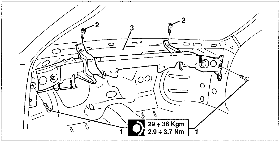 Dashboard support crossmember with labeled parts and torque specifications