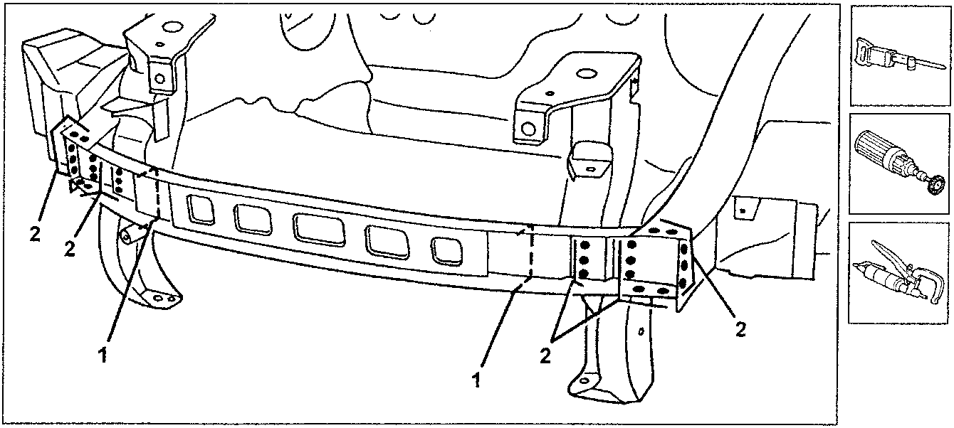 Diagram showing cutting lines and weld points on front crossmember