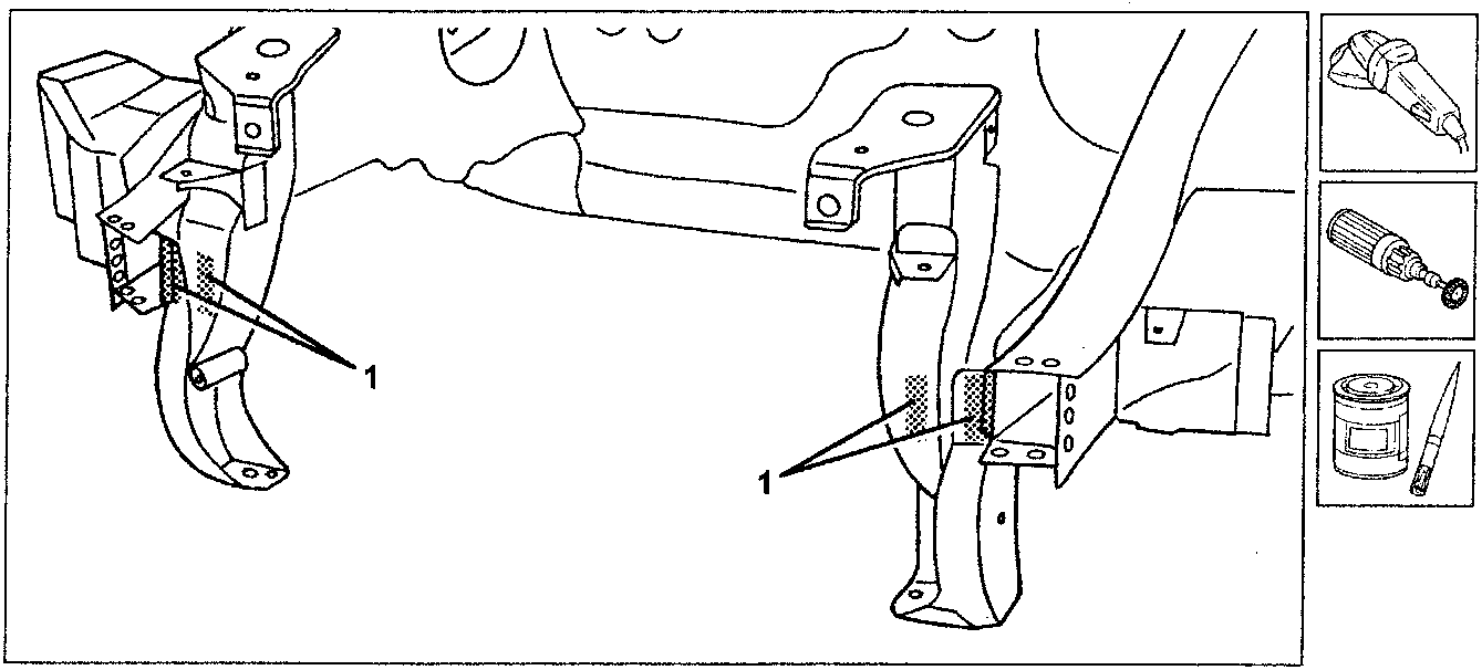 Diagram showing body edges with welding spots and tools: disk sander, rotary brush, paint can and brush.