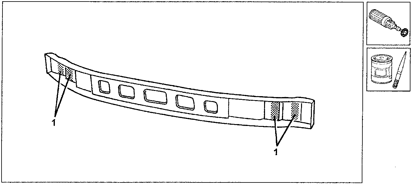 Diagram showing front crossmember with welding spots and tools: rotary brush, paint can and brush.