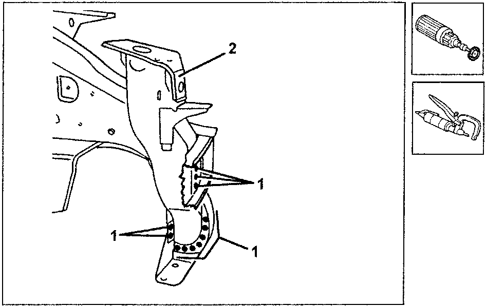 Bonnet support removal diagram showing part 1 and part 2 with tools for de-welding
