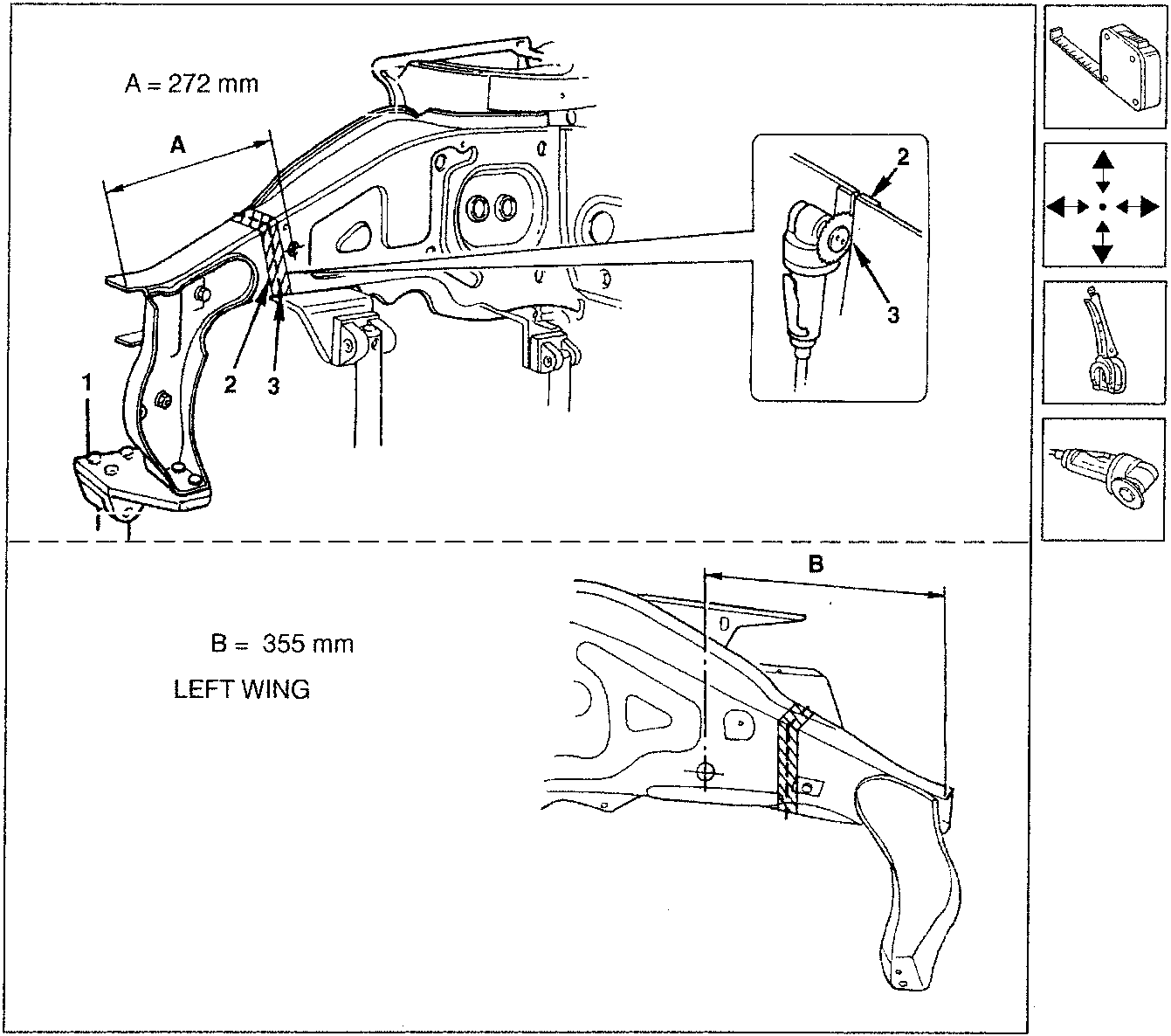 Diagram showing positioning of inner side panel with dimension A = 272 mm, and details for left wing with dimension B = 355 mm. Includes inset illustrations of tools: a clamp (labeled 2 and 3), alignment arrows, a lever, and a circular saw.