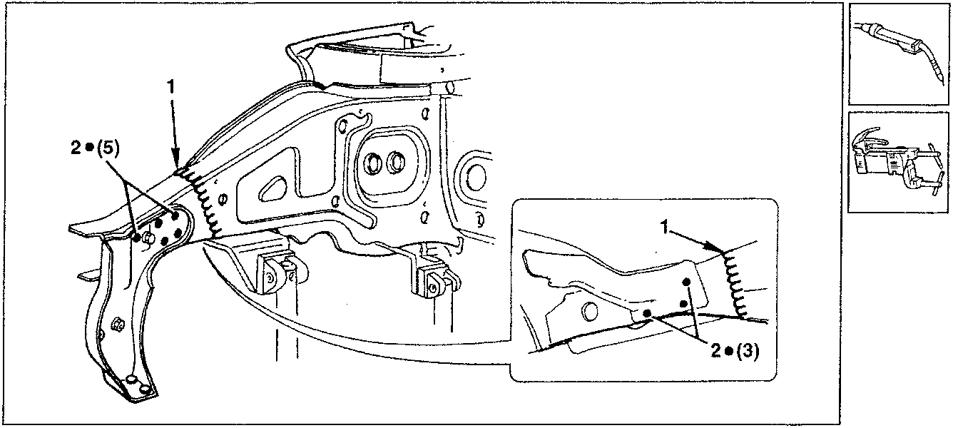 Diagram showing welding points on inner side panel with MIG welder and spot welds marked