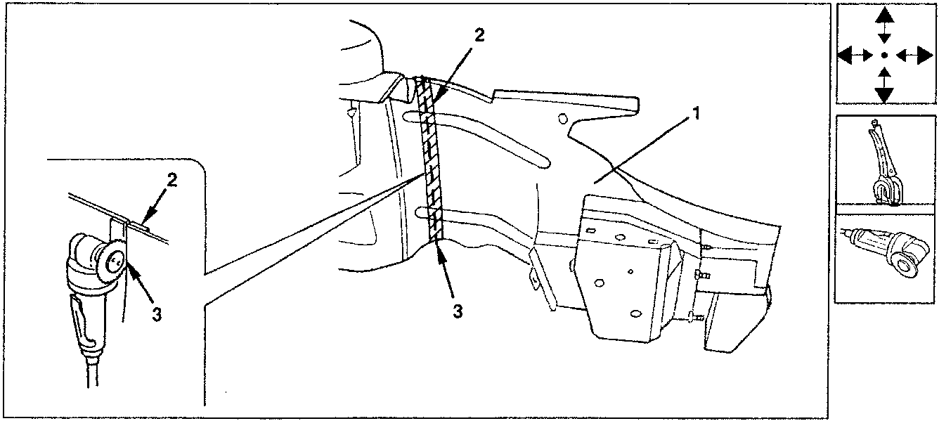 Diagram showing positioning of outer side panel with clamps and welding tools.