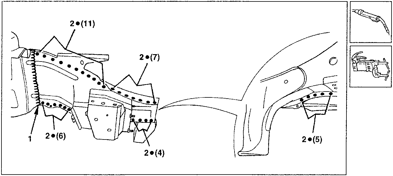 Diagram showing spot welding locations on the outer side panel with numbered callouts.