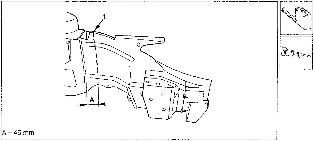 Diagram showing cutting line A = 45 mm on front side panel with tool icons to right.