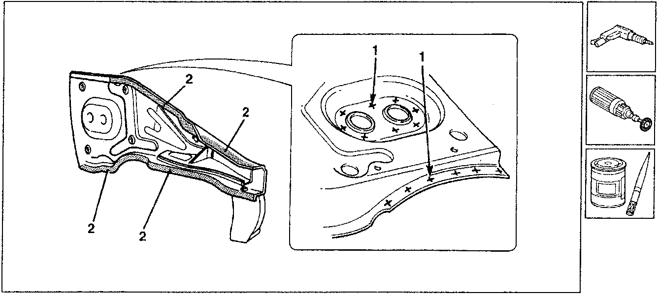 Diagram showing drilling holes in an inner side panel with a Ø 5 mm. bit and applying paint to welding areas.