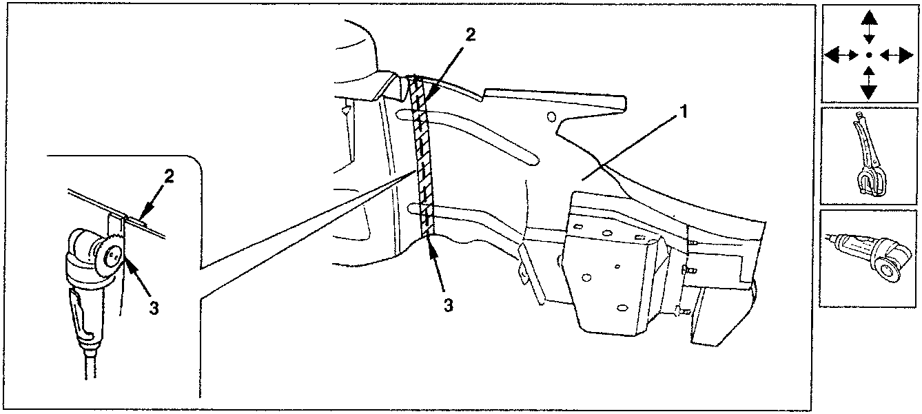 Diagram showing positioning of spare outer panel with welding tools