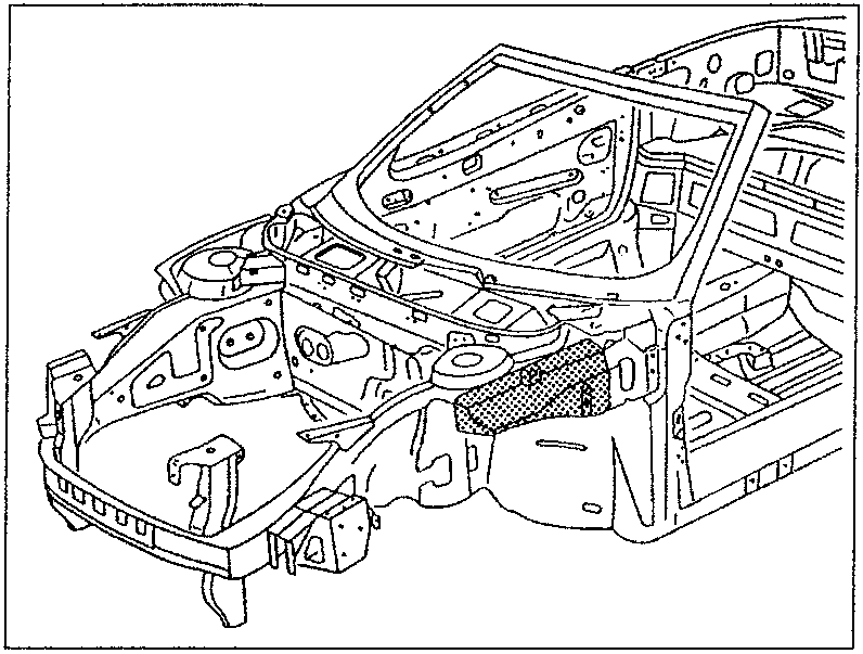 Car body frame structure with cross-section view for repair reference