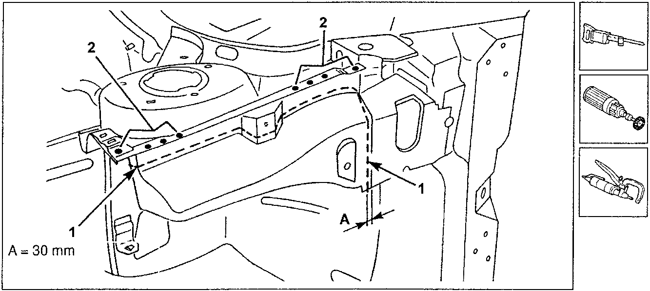 Diagram showing cutting line A = 30 mm and part numbers 1 and 2 for removing the lower panel. Tools shown include hack saw, rotary brush, and de-welder.